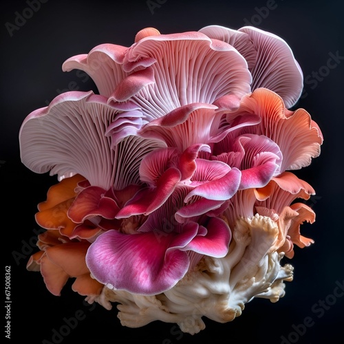 AI generated illustration of a bunch of pink mushrooms on a dark background © Wirestock