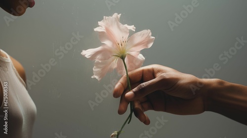 Fotografie two people holding classic white flowers in their hands together and one person