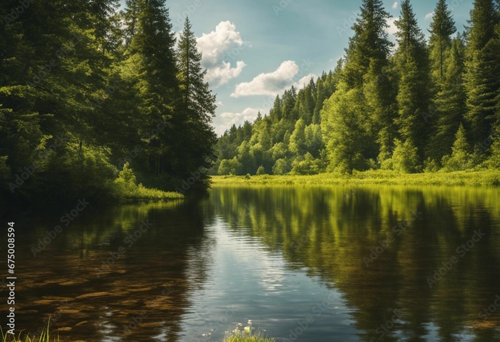 AI generated illustration of a tranquil lake surrounded by lush, tall trees in a dense forest