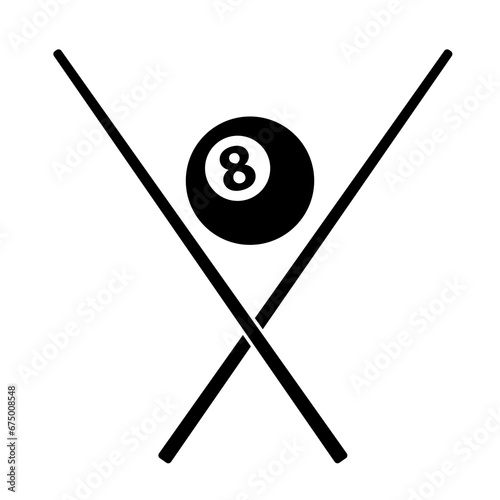 Two crossed cues and a billiard ball number eight. Billiard club emblem. Flat vector illustration isolated on white background.
