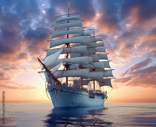 AI generated illustration of A majestic sailing vessel is illuminated in the sunset