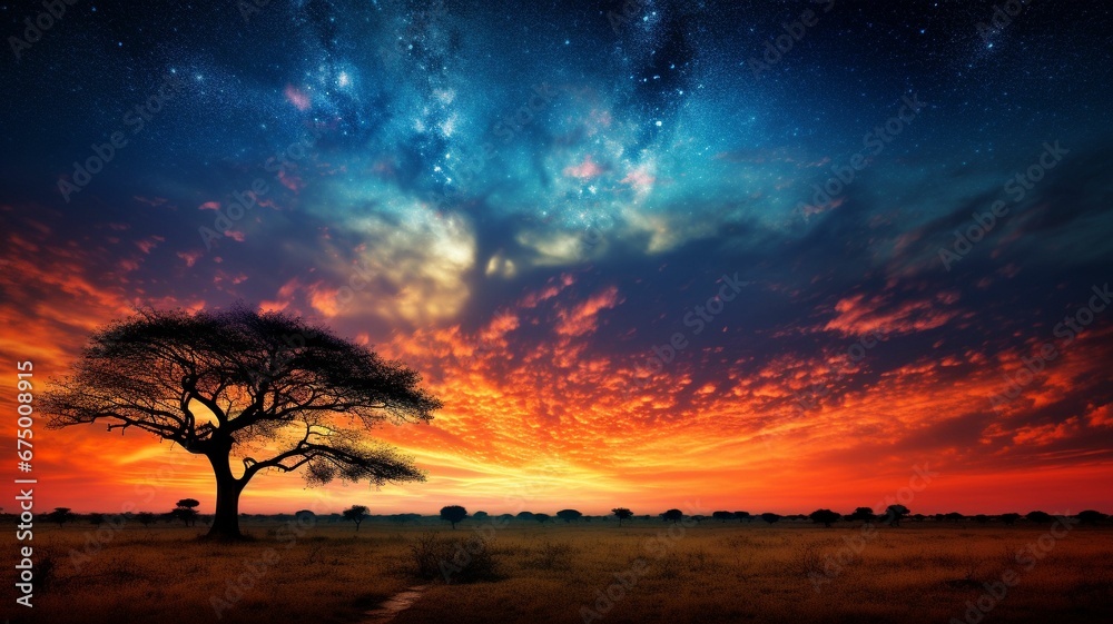 Obraz premium AI generated illustration of an African sunset, with silhouetted trees
