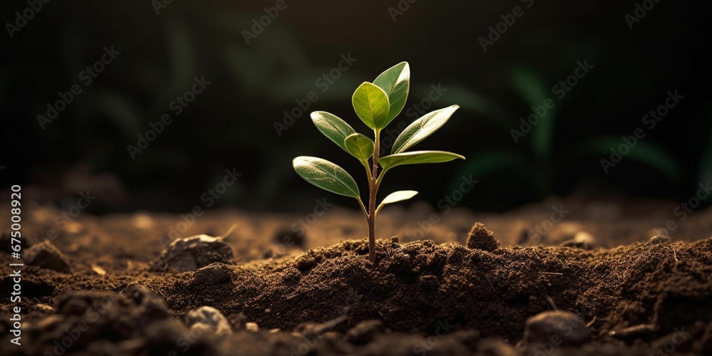 AI generated illustration of a lush green plant growing in the middle of a bed of dirt and soil - obrazy, fototapety, plakaty 