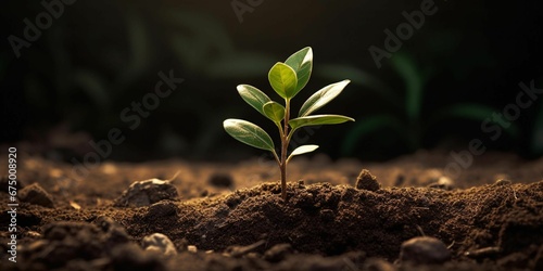 AI generated illustration of a lush green plant growing in the middle of a bed of dirt and soil