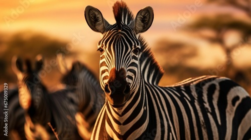 Group of zebras with the sun behind them and trees in the background