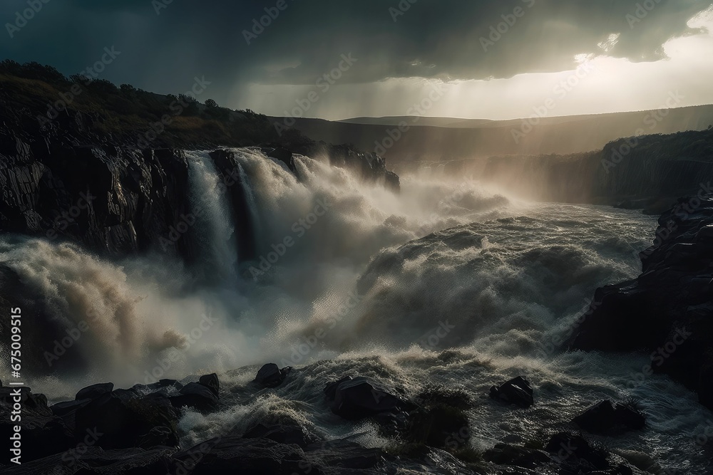AI generated illustration of a chaotic scene as a huge waterfall is gushing, the weather is overcast AI generated illustration of a chaotic scene as a huge waterfall is gushing, the weather is overcast