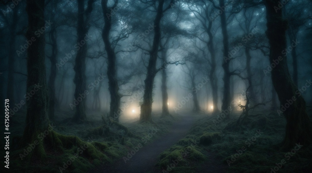 AI generated illustration of a haunted forest with a winding trail running through it AI generated illustration of a haunted forest with a winding trail running through it