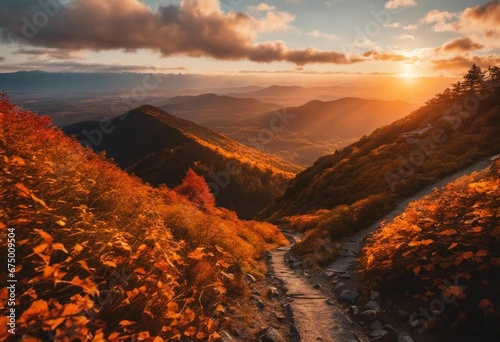 a path that is going down a hill with the sun setting on top