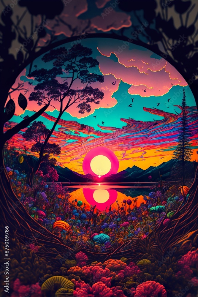 AI generated illustration of a tranquil lake surrounded by lush trees, illuminated by a sunset