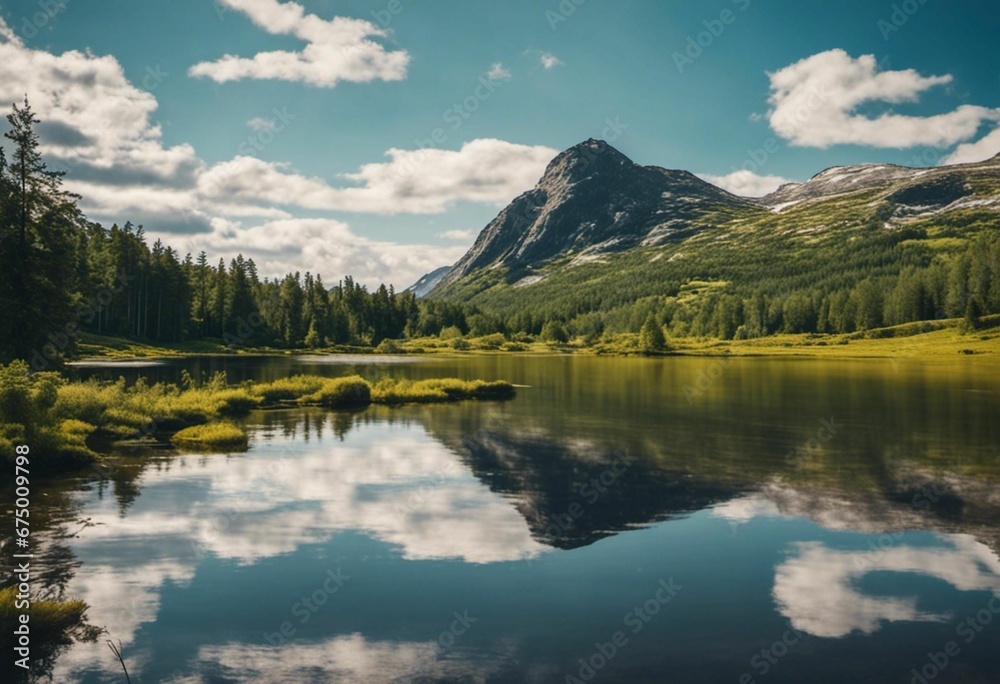 AI generated illustration of a scenic landscape of a tranquil lake situated in a lush green area
