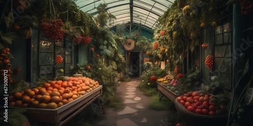 AI generated illustration of a vibrant and lush garden with a selection of fruits
