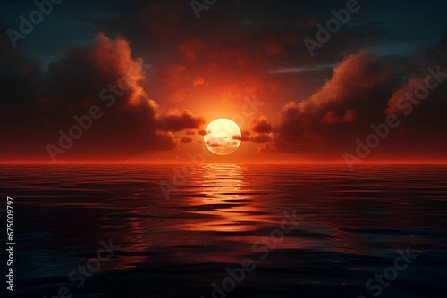 AI generated illustration of red moon over the sea © Wirestock