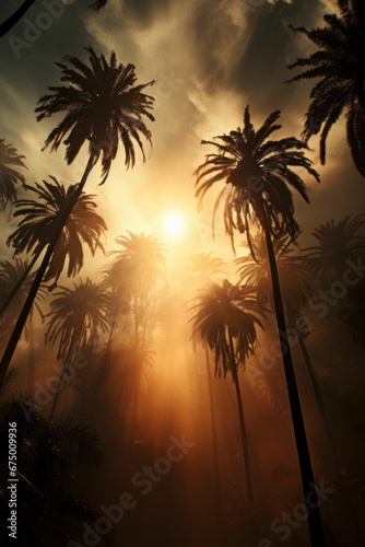 AI generated illustration of palm trees under a cloudy sky at golden sunset
