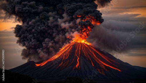 Erupting volcano at the peak moment when molten lava is ejecting, AI-generated. photo