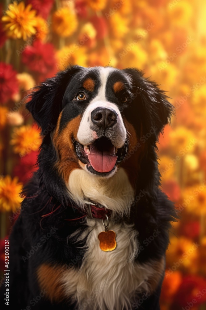 AI generated illustration of a Bernese Mountain Dog sitting among a stunning array of wildflowers