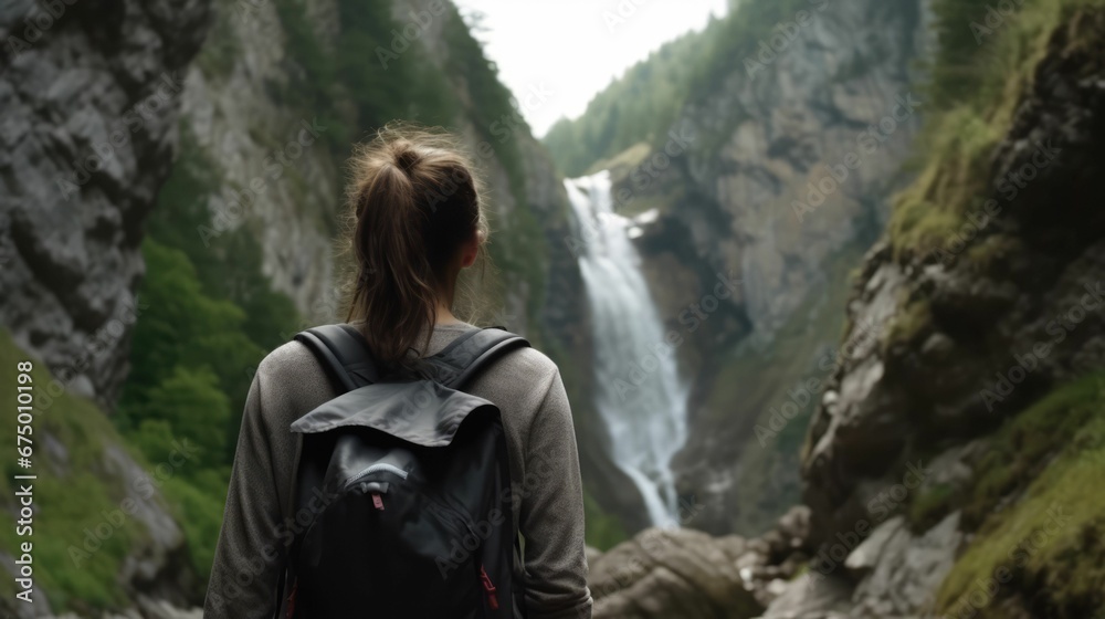 AI-generated illustration of a woman standing in front of a cascading waterfall.