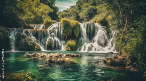 AI-generated illustration of a waterfall in a lush and vibrant green forest.