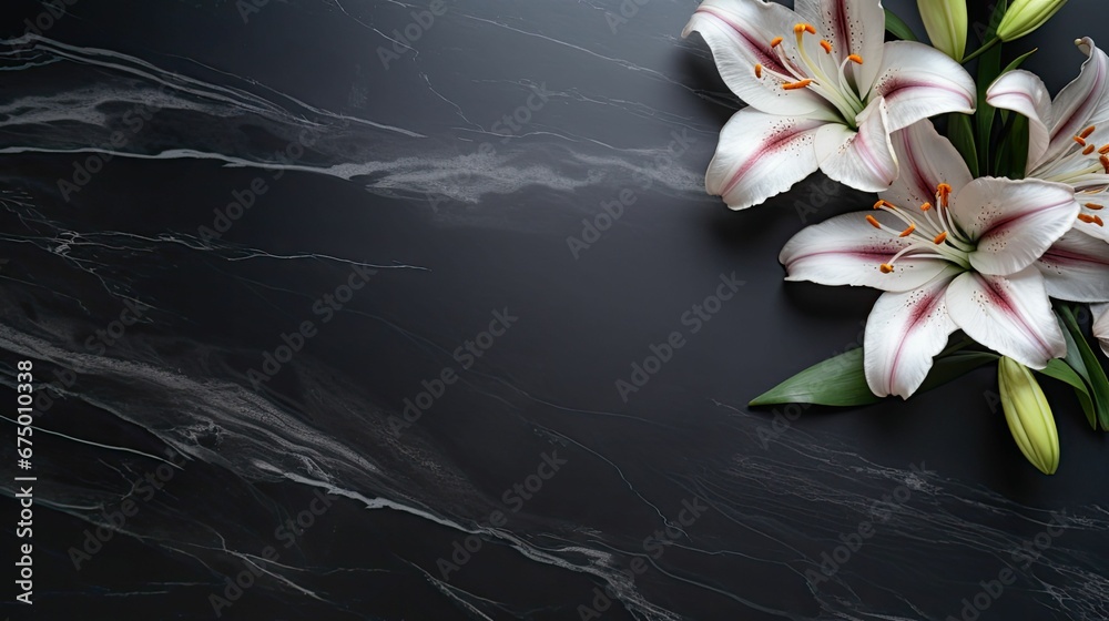 a marbled table with flowers and stems on it and a marble surface - obrazy, fototapety, plakaty 
