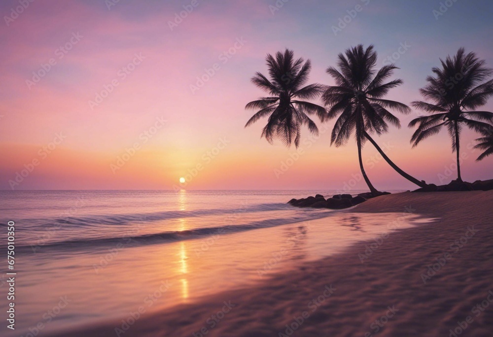 AI generated illustration of leafy palm trees standing in front of a tranquil, blue ocean at sunset