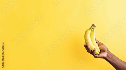 a black person holding bananas in front of a yellow wall photo