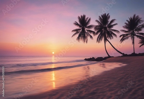 AI generated illustration of leafy palm trees standing in front of a tranquil, blue ocean at sunset © Wirestock
