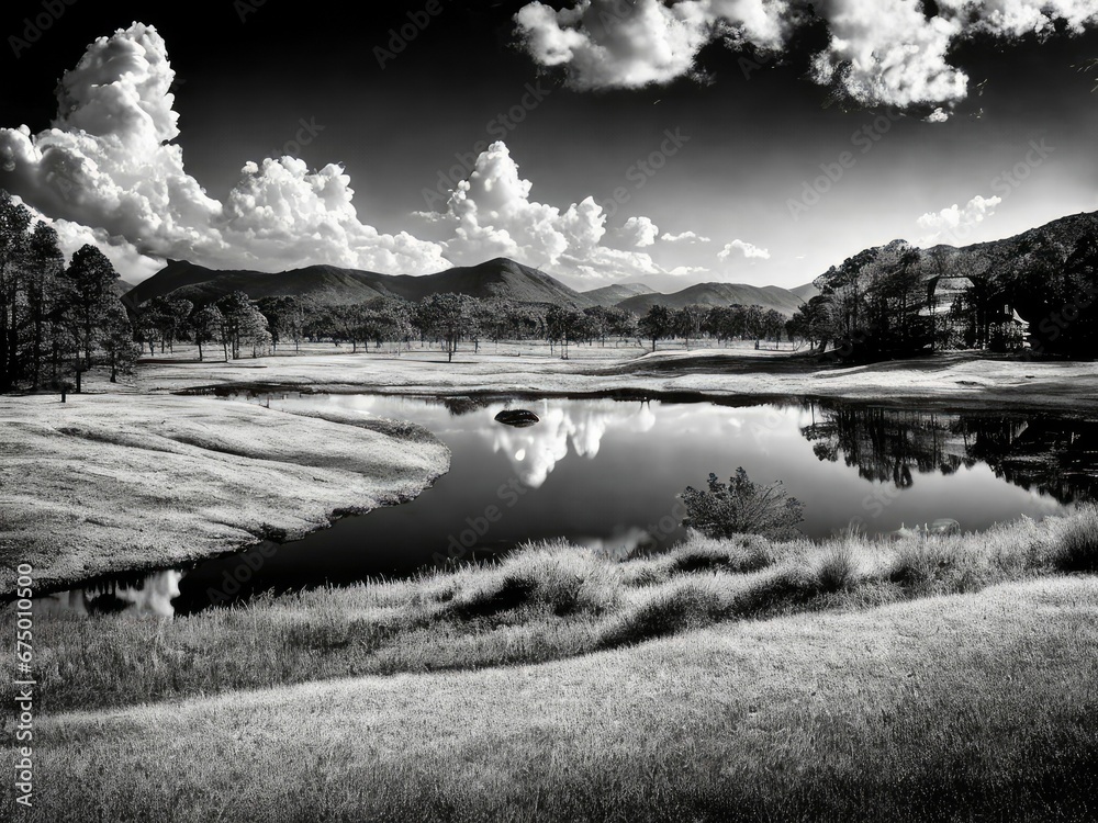 Fototapeta premium AI generated illustration of A landscape of a lake surrounded by green grass and trees