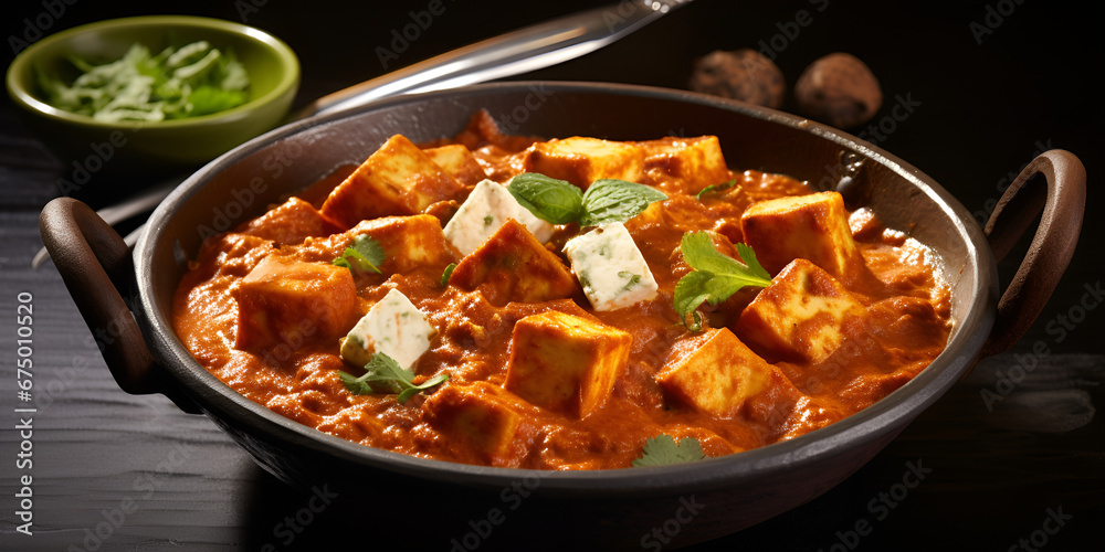 A dish of hot flavorful paneer tikka masala ,, Curry with paneer and onions Generative AI
