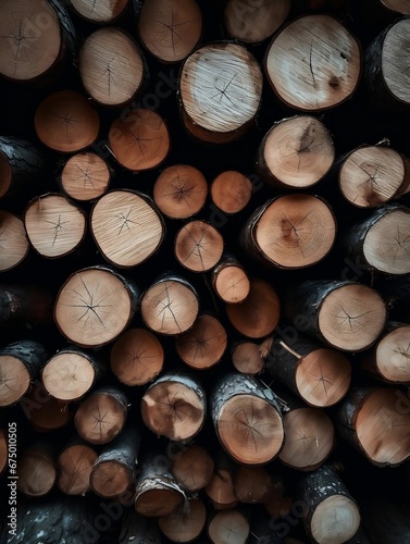 AI generated illustration of an organized pile of wooden logs in a dark setting