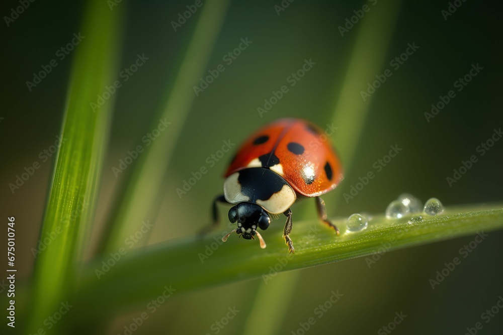 AI-generated illustration of a vibrant ladybug on a single blade of grass with dew drops. AI-generated illustration of a vibrant ladybug on a single blade of grass with dew drops.