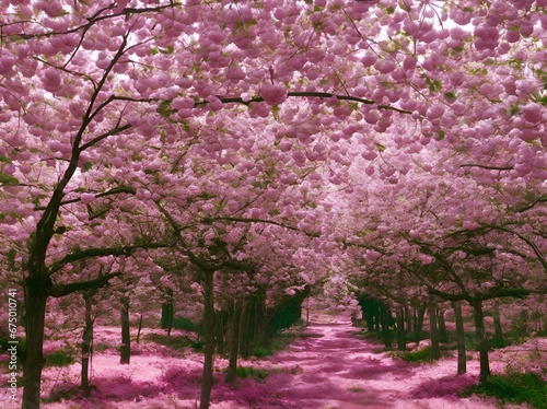 AI generated illustration of a pathway surrounded by trees in full bloom, adorned with pink flowers