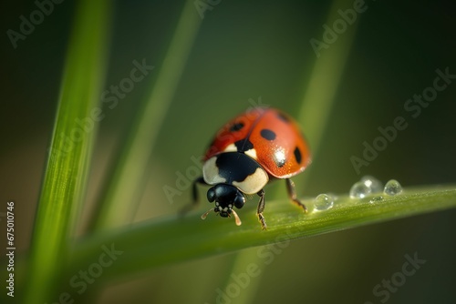 AI-generated illustration of a vibrant ladybug on a single blade of grass with dew drops.