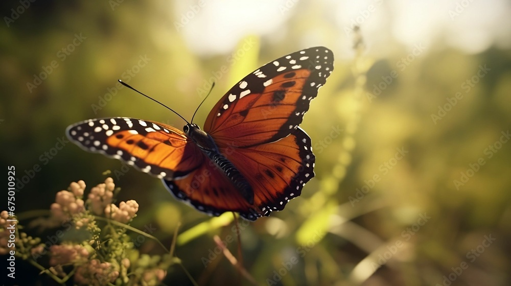 AI generated illustration of a vibrant orange butterfly perched atop a lush green foliage AI generated illustration of a vibrant orange butterfly perched atop a lush green foliage