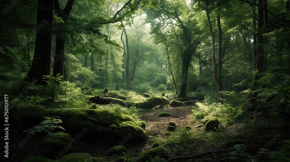 Fototapeta premium AI generated illustration of An idyllic forest scene featuring a picturesque landscape