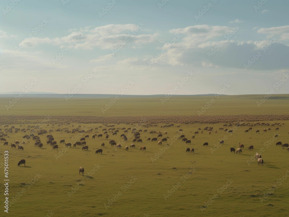 AI generated illustration of a field of animals peacefully grazing and resting on lush
