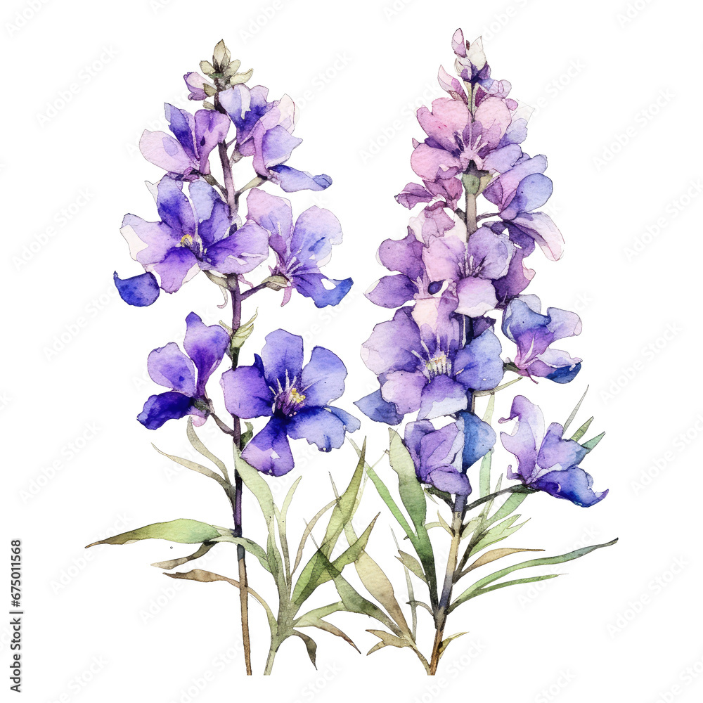 Larkspur Flowers watercolor isolated on transparent background