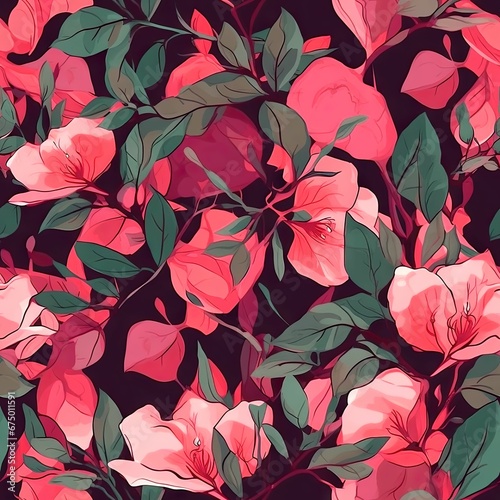 AI generated illustration of a vibrant seamless pattern featuring a selection of tropical flowers