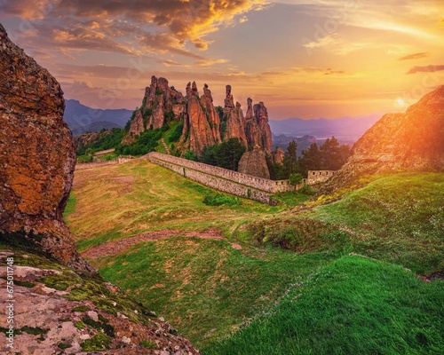 Scenic landscape of the Belogradchik Rocks in Bulgaria with impressive rock formations photo
