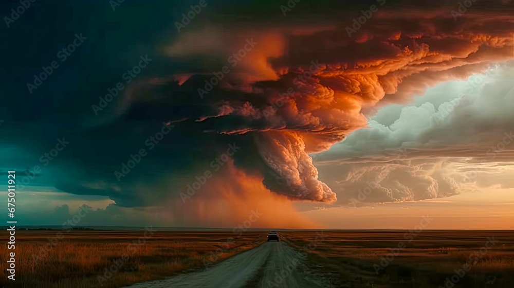 Tornado formulating over prairie land as the sun begins to set. AI Generated Landscape with storms.