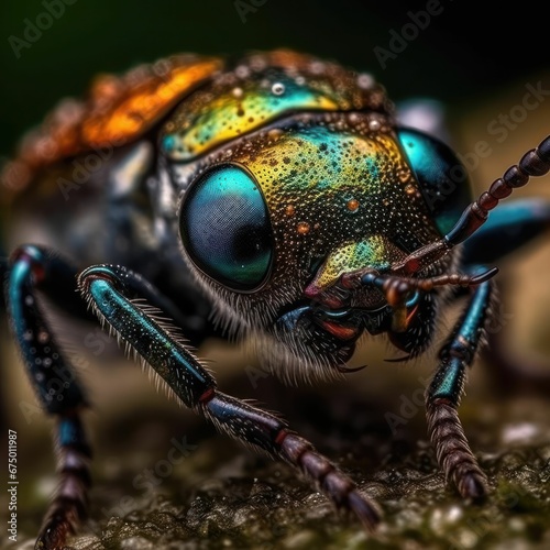 AI generated illustration of a vibrant insect on top of a dirt surface