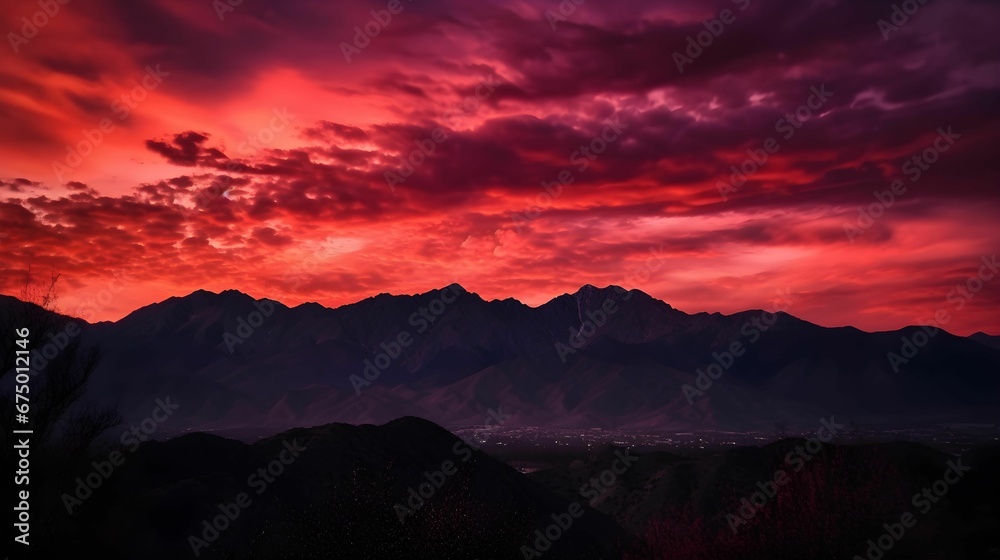 AI generated red sky over a majestic mountain range at dusk