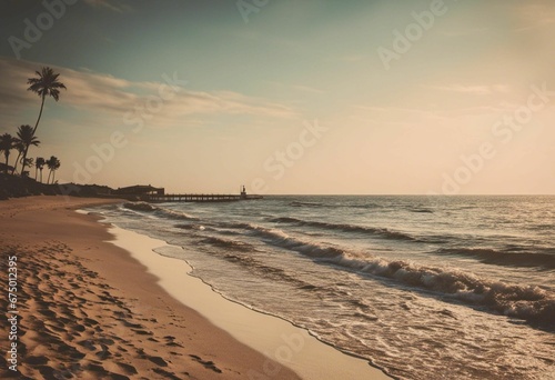 AI generated illustration of a calm sandy beach at golden hour