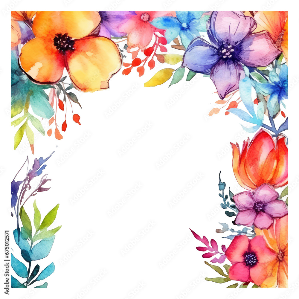 Watercolor small bright colorful floral border isolated on transparent background