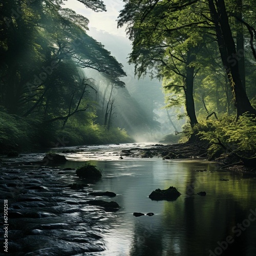 AI generated illustration of a river in a green forest on a sunny day