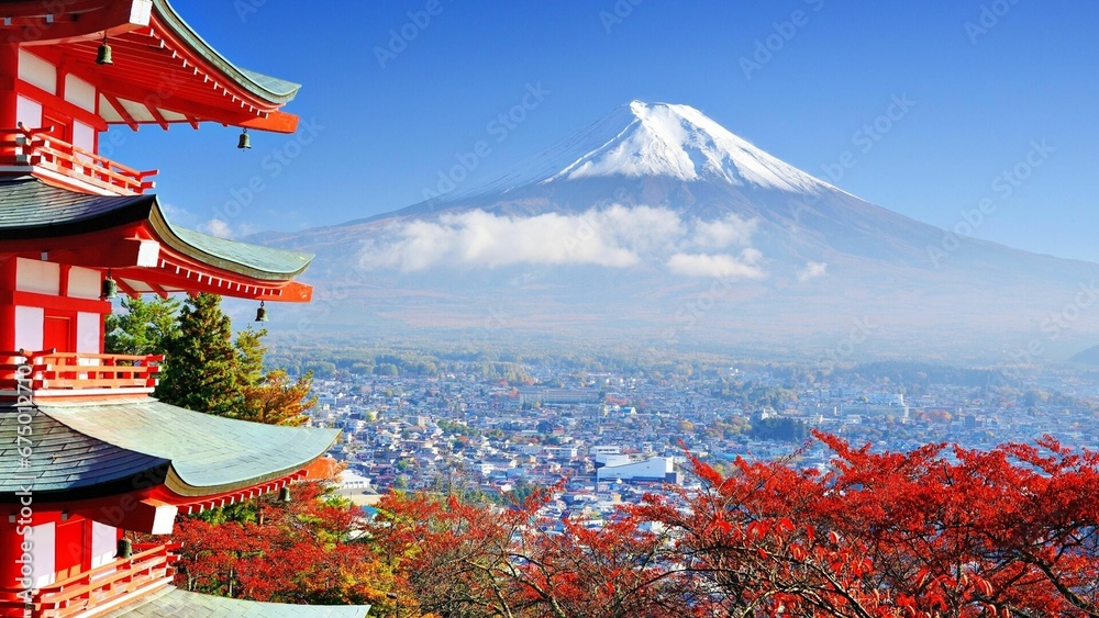 Fototapeta premium AI generated illustration of Mount Fuji from the top of a pagoda situated atop a hill