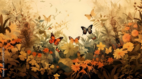AI generated illustration of butterflies flying in a field of flowers