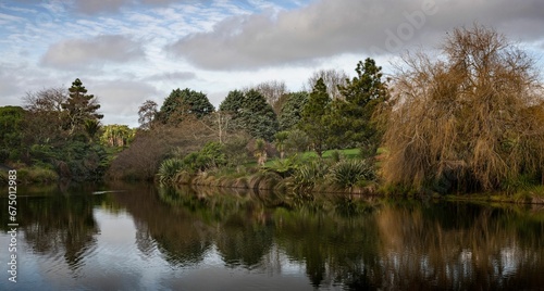 landscape of bushlands reflecting into river