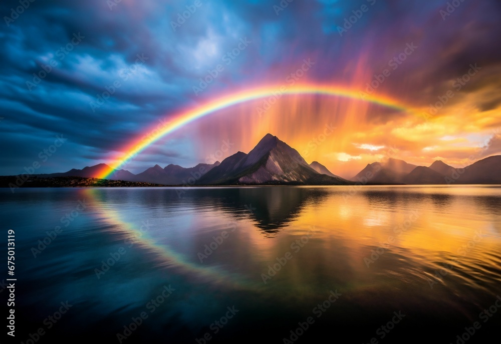 AI generated rainbow arching over a mountain range at sunset