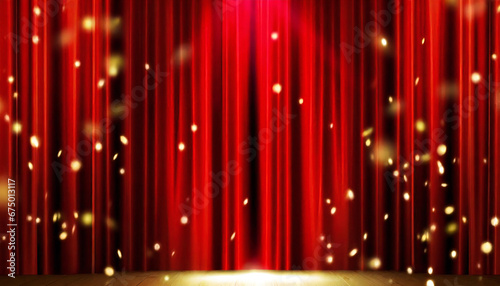                                                               red curtain material. Spotlight. Confetti.
