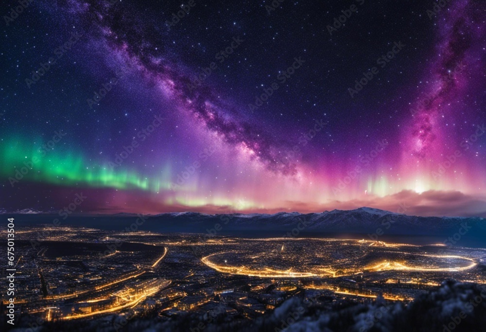 AI generated illustration of a stunning view of an aurora borealis above a city skyline