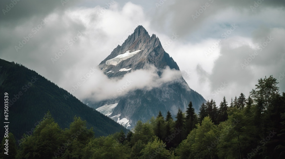 AI generated illustration of a majestic mountain peak surrounded by lush evergreen trees